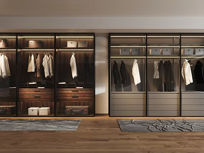 Modern Closet Design With Glass Doors Hanging Clothes Drawers And Wooden Floor 3d model