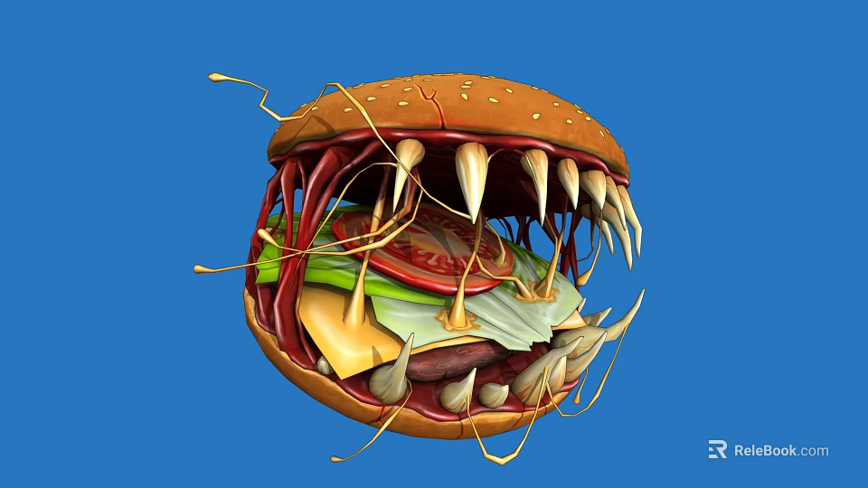 Creative Monster Burger With Sharp Teeth And Layered Ingredients On Blue Background 3d model 