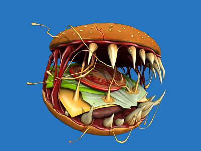Creative Monster Burger With Sharp Teeth And Layered Ingredients On Blue Background 3d model