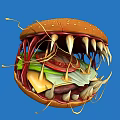 Creative Monster Burger With Sharp Teeth And Layered Ingredients On Blue Background
