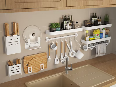 Organized Kitchen Wall Storage with Hanging Utensils Knives Pot Lids and Condiment Bottles Near Sink 3d model