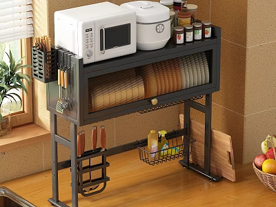 Kitchen Shelf With Microwave Rice Cooker Spice Jars Bread Slices Knife Holder And Chopping Board 3d model