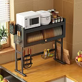 Kitchen Shelf With Microwave Rice Cooker Spice Jars Bread Slices Knife Holder And Chopping Board