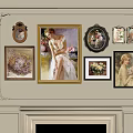 Various Style Oil Paintings With Portrait And Floral Themes On Decorative Wall Above Fireplace