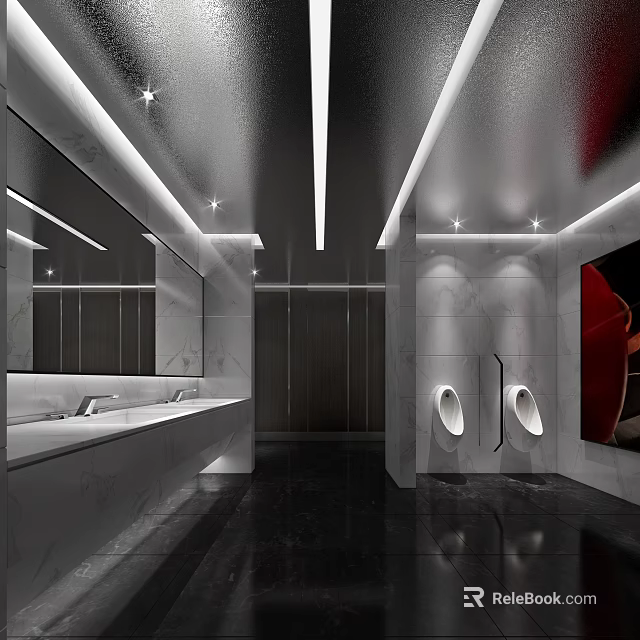 Modern Public Restroom Design Featuring Marble Walls Mirrors Washbasins Urinal Stalls And Recessed Lighting 3d model 