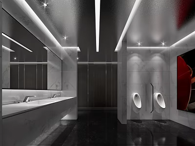Modern Public Restroom Design Featuring Marble Walls Mirrors Washbasins Urinal Stalls And Recessed Lighting 3d model