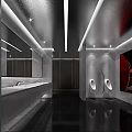 Modern Public Restroom Design Featuring Marble Walls Mirrors Washbasins Urinal Stalls And Recessed Lighting