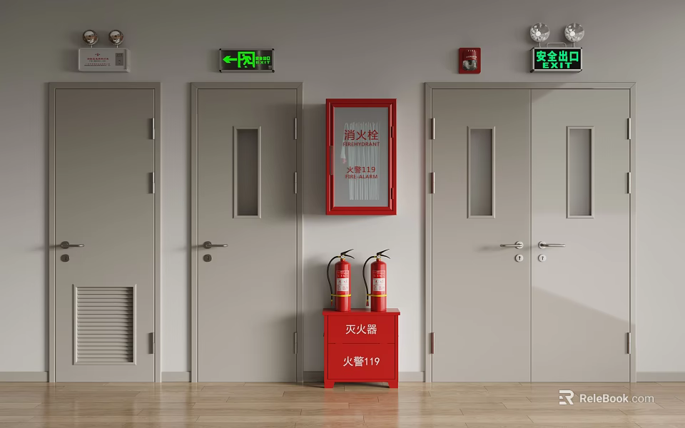 Fire Safety Equipment Setup With Emergency Exit Signs And Fire Extinguishers 3d model