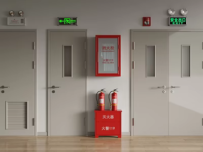 Fire Safety Equipment Setup With Emergency Exit Signs And Fire Extinguishers 3d model