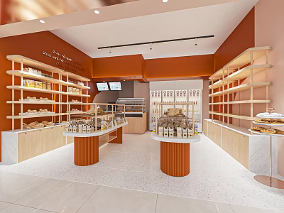 Dessert Shop Interior Design With Wooden Display Shelves Glass Cases And Fresh Pastries 3d model