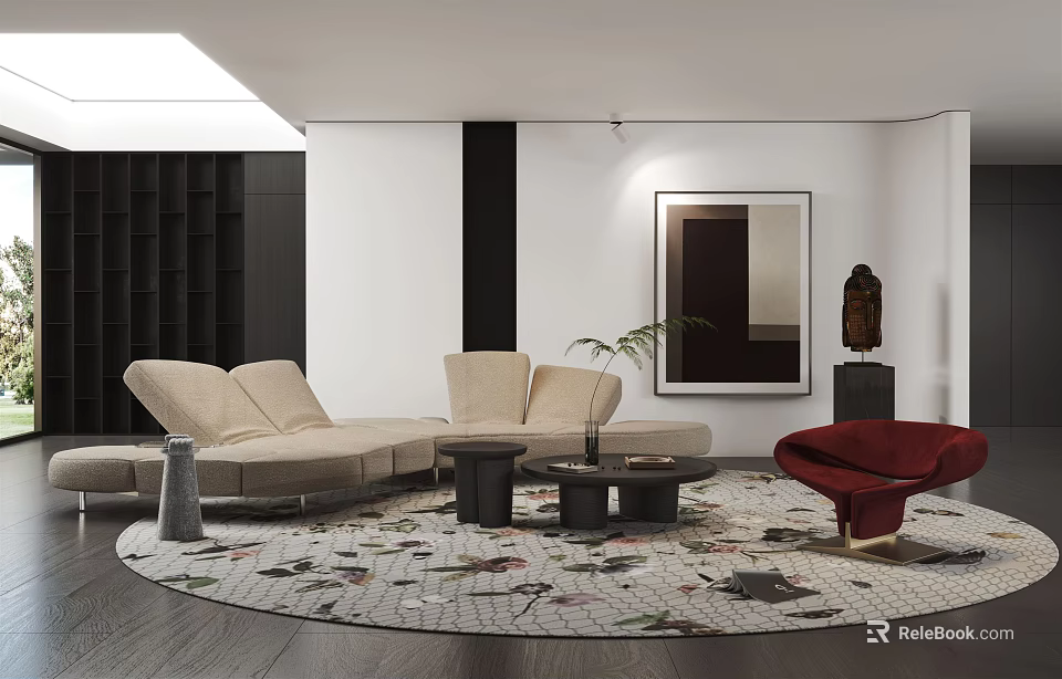 Modern Living Room Interior With Beige Sofa Round Mosaic Rug And Wall Artwork 3d model 