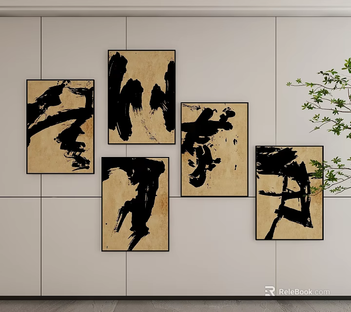 Abstract Paintings With Black Ink Brushstrokes On Light Wall Modern Decor Art 3d model 