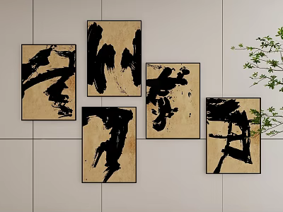 Abstract Paintings With Black Ink Brushstrokes On Light Wall Modern Decor Art 3d model