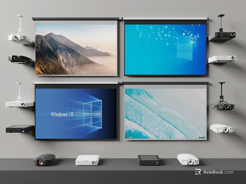 Multiple Projection Screens With Surveillance Cameras And Projector Devices Mounted On Wall For Monitoring 3d model 