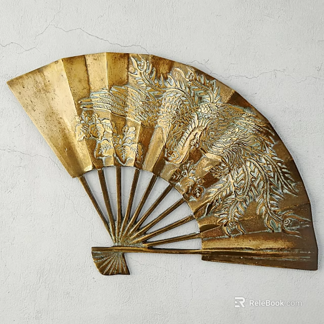 Gold Fan Shaped Wall Decor With Carved Phoenix And Intricate Patterns On White Wall 3d model 