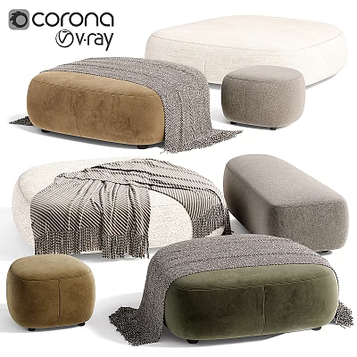 Modern Ottoman Pouf Collection In Various Colors With Soft Blankets And Different Shapes 3d model