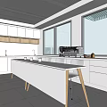 Modern Open Concept Kitchen Interior With White Cabinets Island Counter And Large Windows