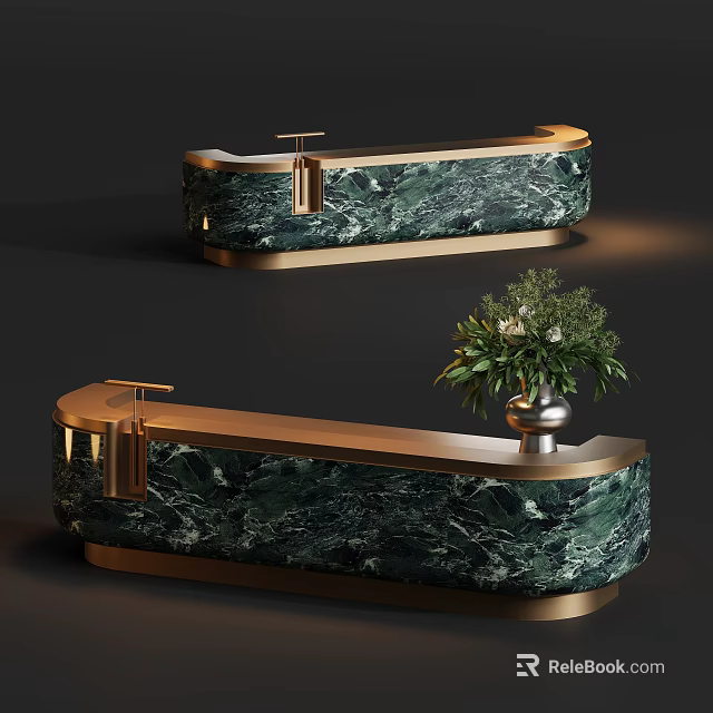 Modern Green Marble Reception Desk With Gold Frame Metal Handles And Green Plant 3d model 