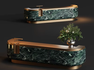 Modern Green Marble Reception Desk With Gold Frame Metal Handles And Green Plant 3d model