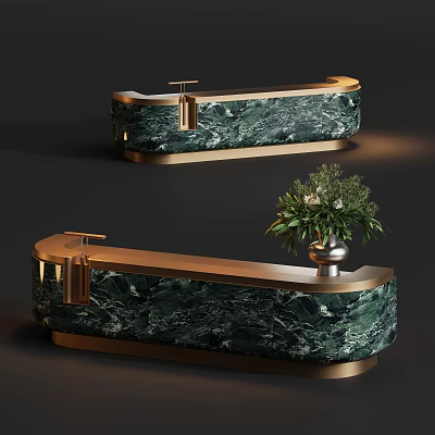 Modern Green Marble Reception Desk With Gold Frame Metal Handles And Green Plant 3d model