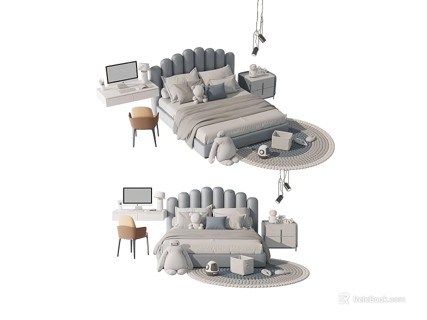 Cozy Children's Bed With Upholstered Headboard Desk Chair Lamp And Rug 3d model 