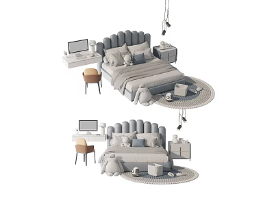 Cozy Children's Bed With Upholstered Headboard Desk Chair Lamp And Rug 3d model
