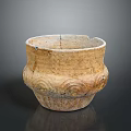 Ancient Earthenware Pottery Jar With Intricate Ripple Carvings And Textured Surface