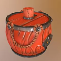 Orange Barrel shaped Decorative Ornament With Red Lid Silver Metal Rings Rope And Skull Design