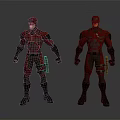 Red Black Combat Suit Action Characters With Armor Details And Tactical Gear Dual Poses