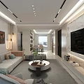 Modern Elegant Living Dining Room With Open Concept Marble Floor Beige Walls White Cabinets And Sofa