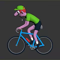 Cartoon Cyclist In Green Shirt Riding Blue Bicycle With Pink Nose And Dark Background