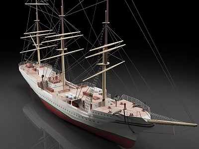 Classic Sailboat 3D Model With Multiple Masts And Red White Hull 3d model
