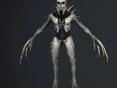 Fierce Biomechanical Monster Character With Skeleton Head Bone Spikes And Long Claws 3d model