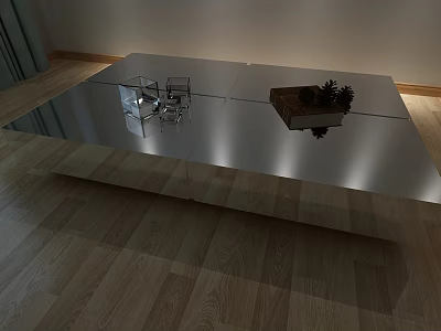 Modern Coffee Table With Sleek Reflective Surface And Wooden Floor Tray Plants 3d model