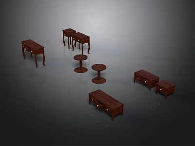 Various Wooden Furniture Pieces Including Tables Stools With Drawer And Classic Leg Design 3d model