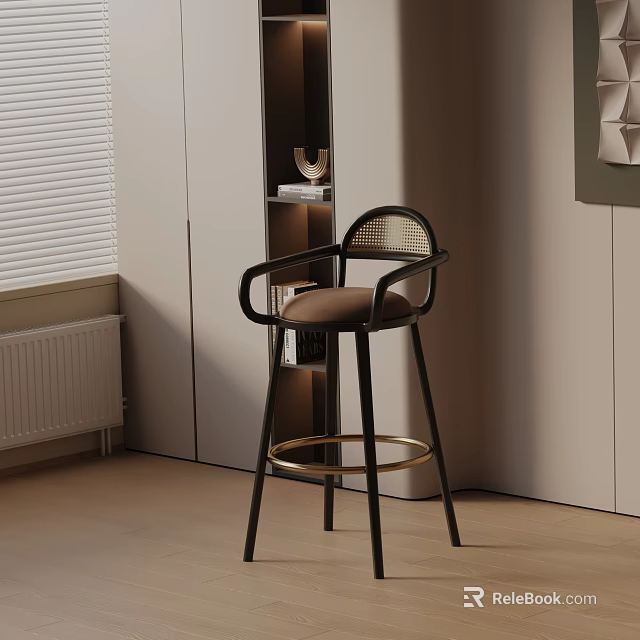 Modern Bar Stool With Black Frame Brown Seat And Woven Armrests Gold Footrest 3d model 