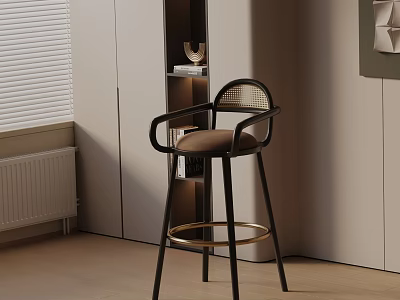 Modern Bar Stool With Black Frame Brown Seat And Woven Armrests Gold Footrest 3d model