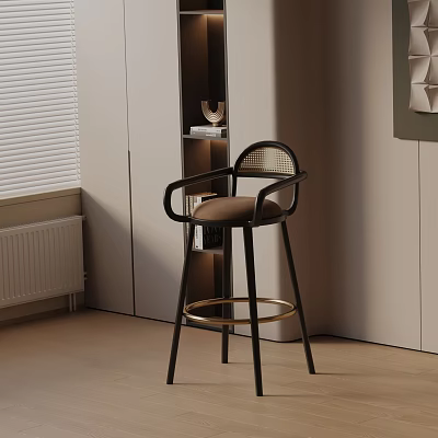 Modern Bar Stool With Black Frame Brown Seat And Woven Armrests Gold Footrest 3d model