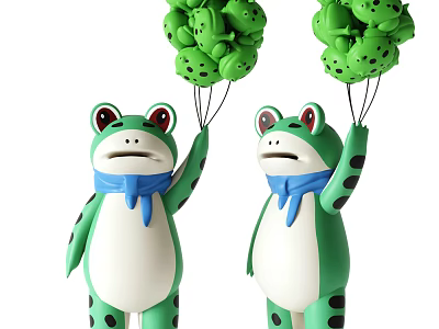 Two Green Frog Dolls Wearing Blue Scarves Holding Small Frog Shaped Balloons 3d model