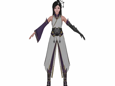 Fantasy Female Character in White Purple Traditional Outfit with Feathered Bird and Long Black Hair 3d model