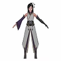 Fantasy Female Character in White Purple Traditional Outfit with Feathered Bird and Long Black Hair