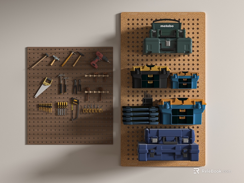 Hardware Tools Organized on Pegboard with Various Hand Tools and Stacked Toolboxes 3d model 