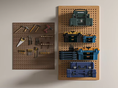 Hardware Tools Organized on Pegboard with Various Hand Tools and Stacked Toolboxes 3d model