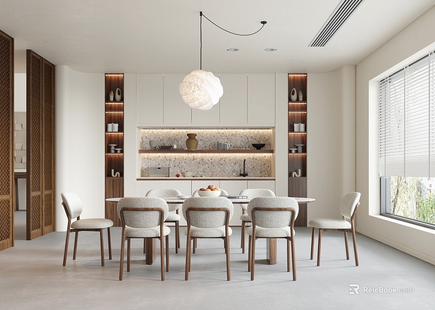 Modern Restaurant Interior With White Cabinets Pendant Light And Dining Chairs 3d model 