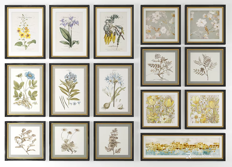 Framed Botanical Prints Collection With Various Floral And Leaf Designs For Wall Decor 3d model 