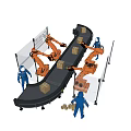 Efficient Automated Industrial Equipment With Orange Robotic Arms Conveyor Belt And Workers Handling Boxes