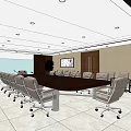 Modern Conference Room With Large Table Leather Chairs Natural Light Wall Paintings And Green Plants