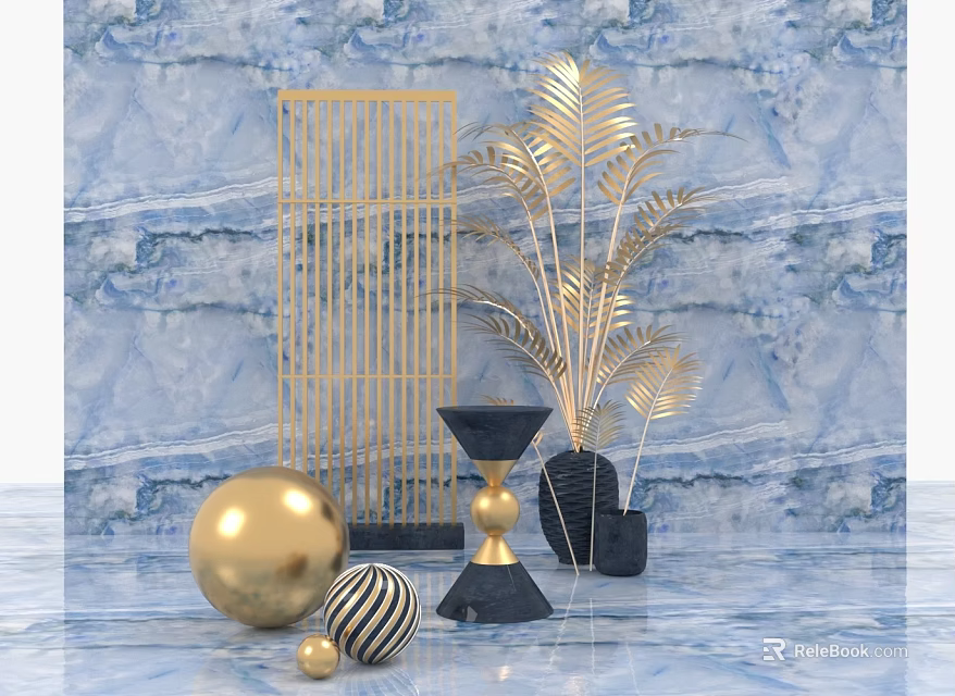 Gold And Black Decorative Ornament Set With Geometric Shapes Palm Leaves And Marble Background 3d model 