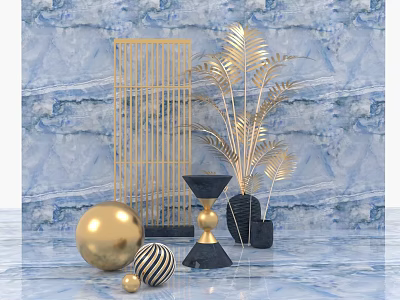 Gold And Black Decorative Ornament Set With Geometric Shapes Palm Leaves And Marble Background 3d model