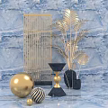 Gold And Black Decorative Ornament Set With Geometric Shapes Palm Leaves And Marble Background